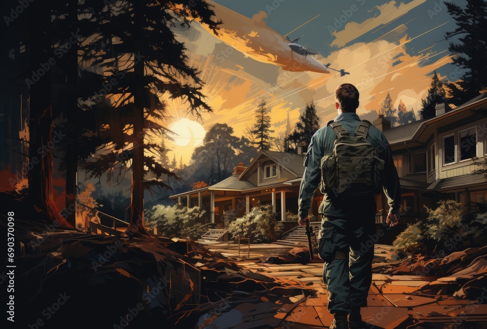 As the sun sets, a solitary figure makes his way towards the warmly lit house, the vibrant colors of the sky and tree reflecting in the painting he carries, a symbol of the outdoor adventures and mem