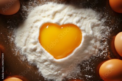 Raw egg and flour in heart shape with selective focus and copy space