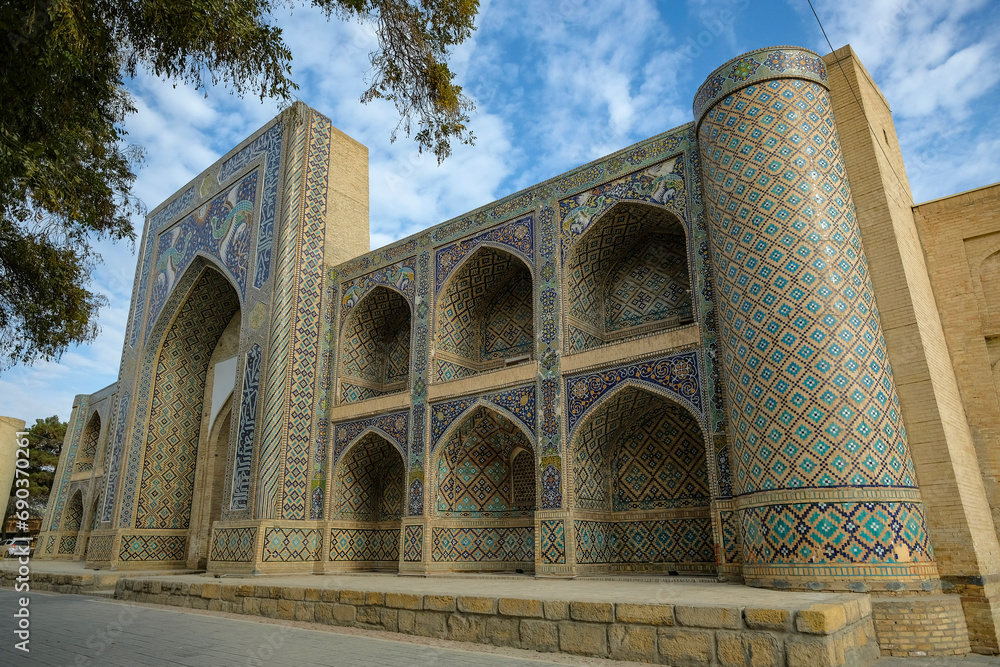 Views of the Nodir Devonbegi Madrasah in the center of Bukhara in Uzbekistan.