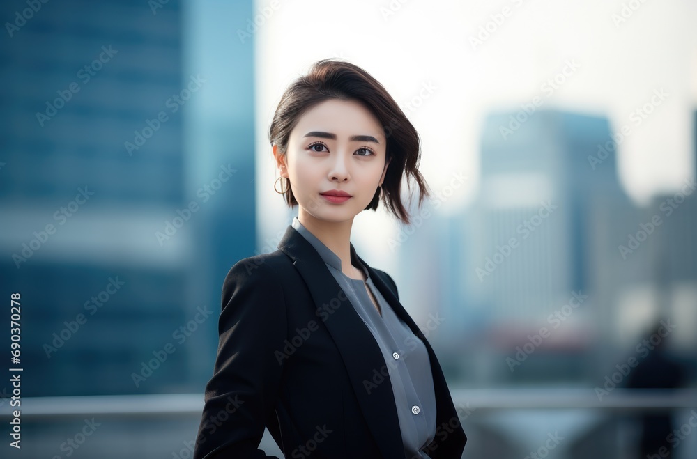a young business woman standing in front of a city background a young business woman standing in front of a city background