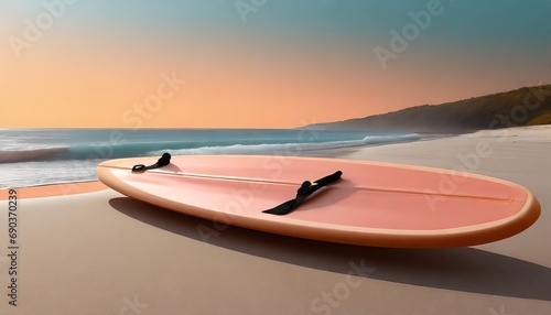 Surfing board in Peach Fuzz colors, background with selective focus and copy space