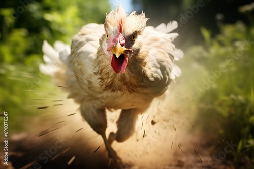 Chicken running on a summer day, motion blur. © Bargais