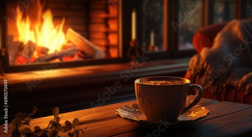an cup of coffee near a fire place