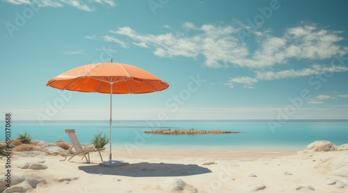 an umbrella hung on the sand by the beach