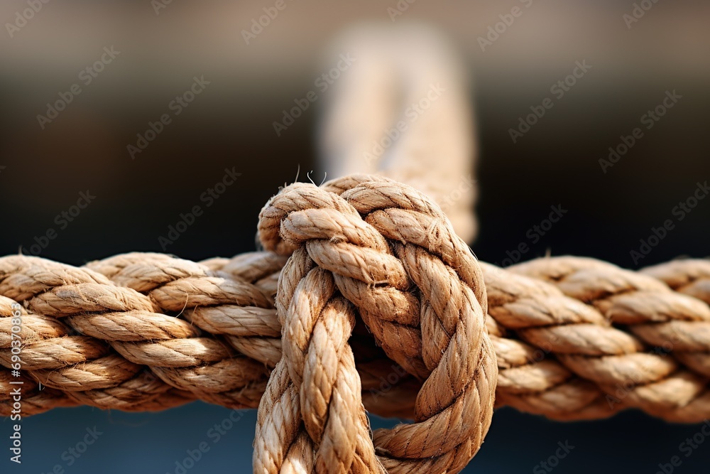 Close up rope with knot in the middle of it.
