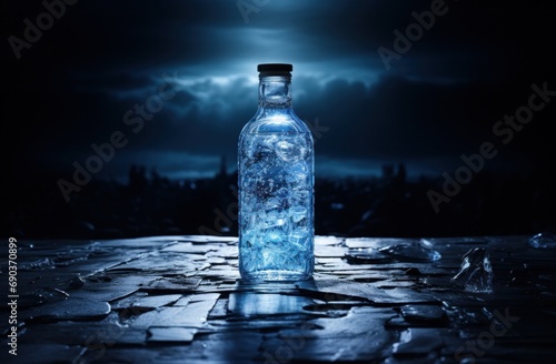 bottle of ice with rain sitting on a table