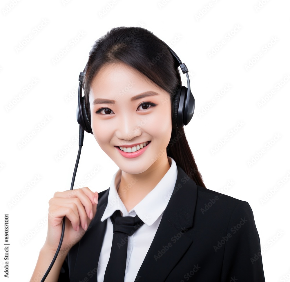 businesswoman with headset on smiling against white background businesswoman with headset on smiling against white background