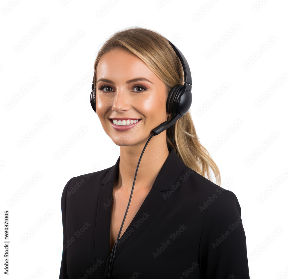 businesswoman with headset on smiling against white background businesswoman with headset on smiling against white background