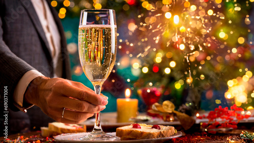Brinde com taça de champagne e decoração dourada para celebração de ano novo e fogos de artificio ao fundo. photo