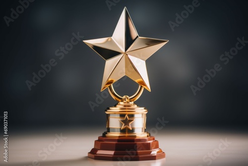 Prize with a star. Cup award. Background with selective focus and copy space