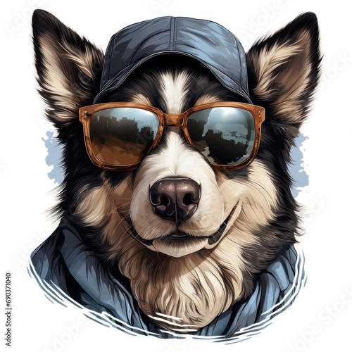 cartoon husky dog with sunglasses and hat