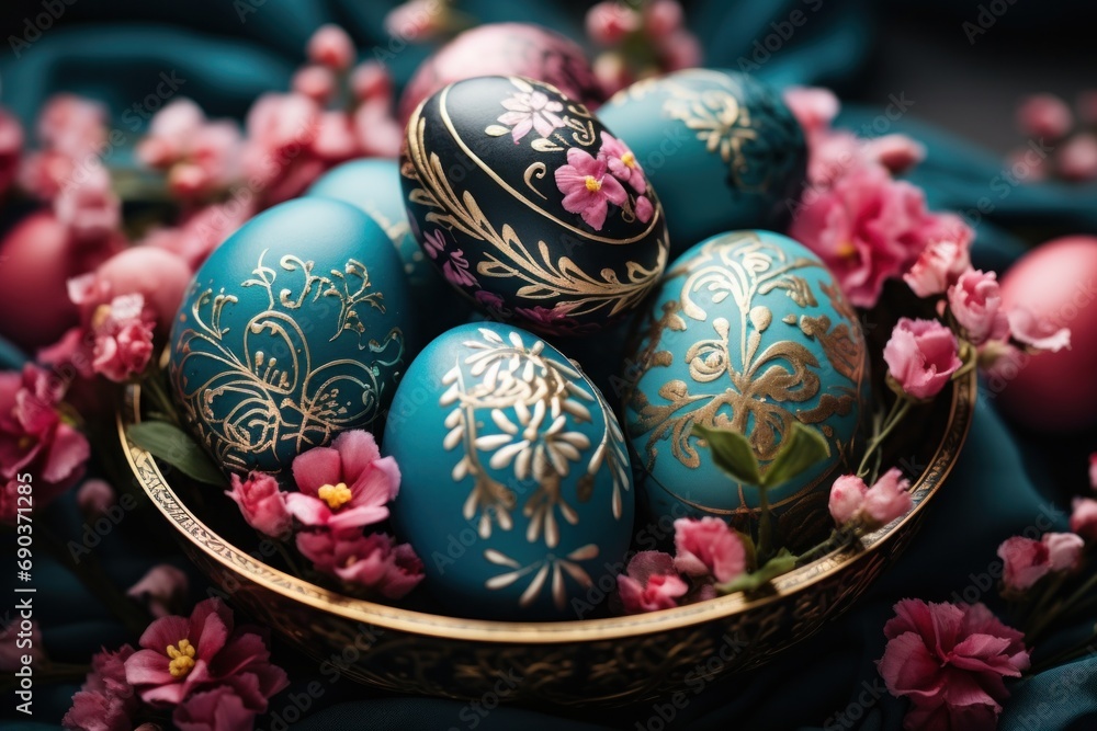 Fototapeta premium colorful easter eggs are in a basket surrounded by pink flowers