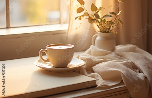 coffee on saucer with a book nearby on a white bed