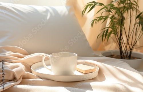 coffee on saucer with a book nearby on a white bed