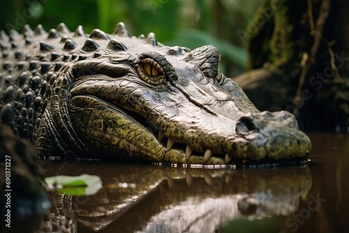 Crocodile in nature with reflection in water.