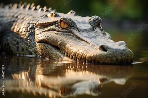 Crocodile in nature with reflection in water.