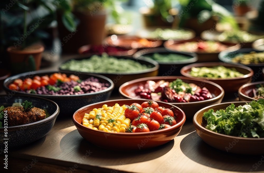 colorful vegetarian meals served on plates, colorful vegetarian meals served on plates,