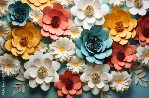 colorful paper flowers with blank white paper on a yellow background