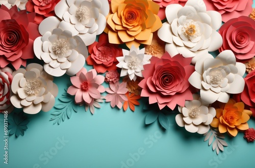 colorful paper flowers with blank white paper on a yellow background