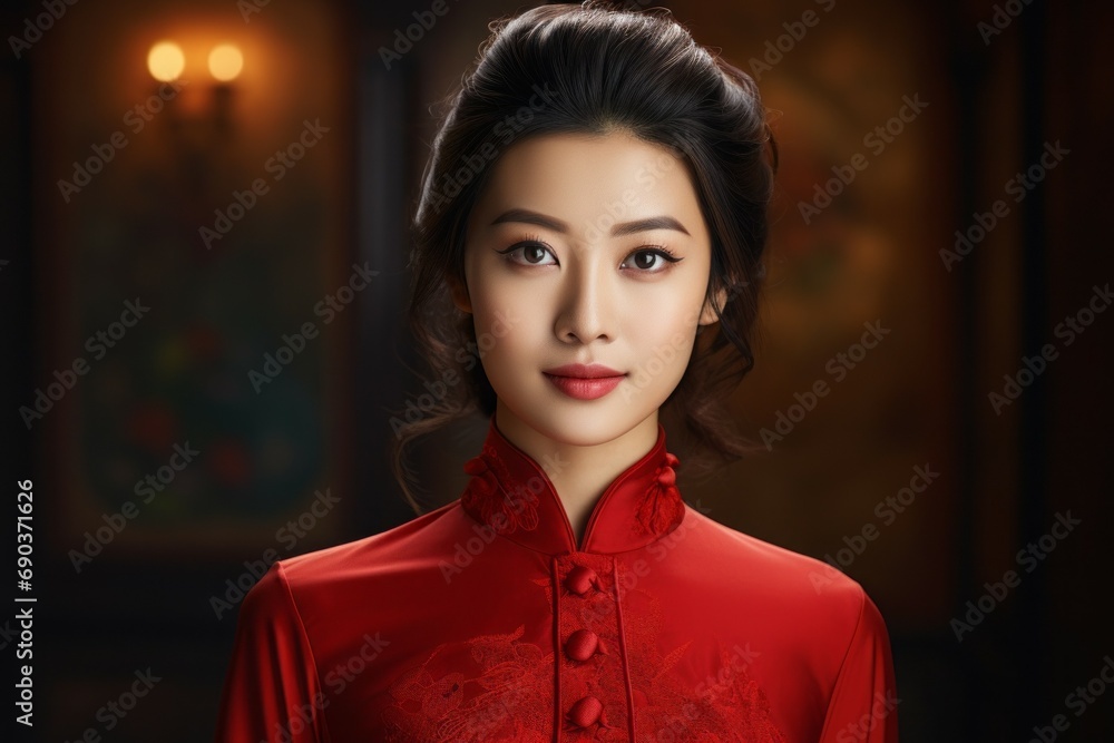 Woman in red Chinese clothes on a blurred background of an authentic Asian interior. Portrait with selective focus Woman in red Chinese clothes on a blurred background of an authentic Asian interior. Portrait with selective focus
