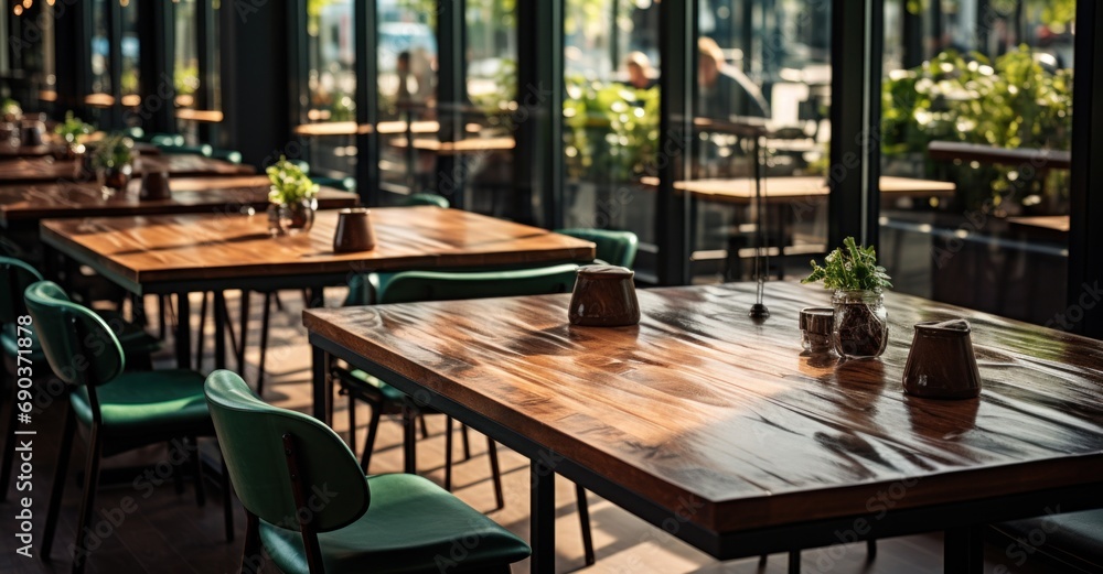 empty wooden tables in an open cafe