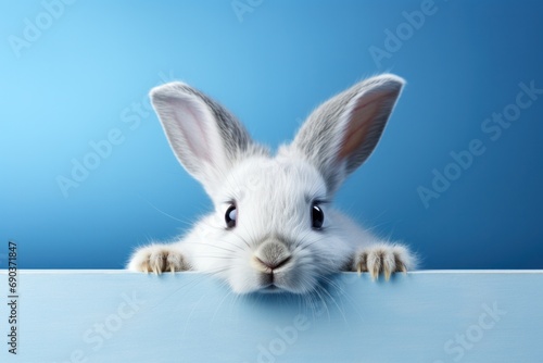 easter rabbit peeking out of a blue shelf