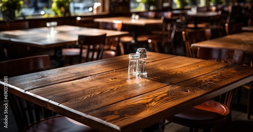 empty wooden tables at a restaurant © olegganko