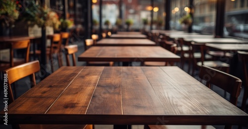 empty wooden tables in restaurant, close up shot