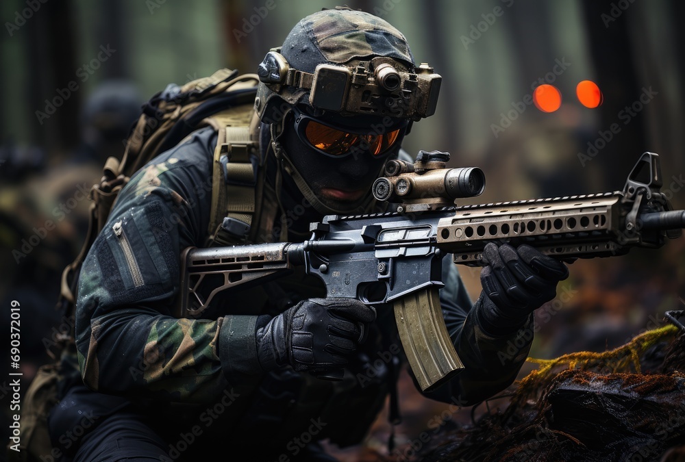 Soldier in a camouflage uniform fires a rifle