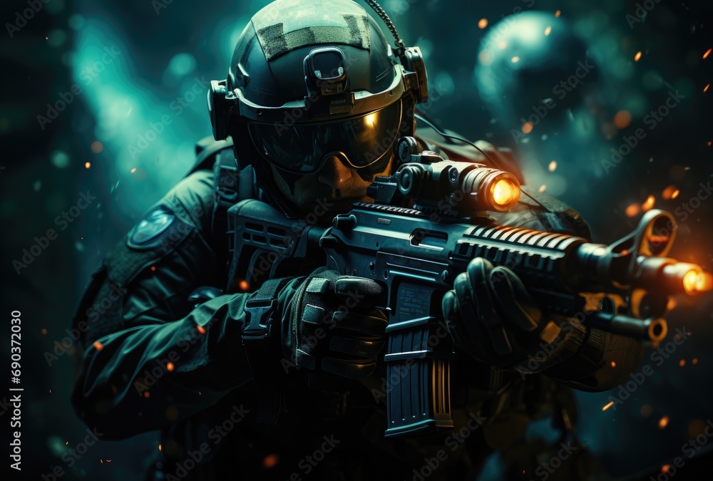 Fototapeta premium Soldier in a camouflage uniform fires a rifle