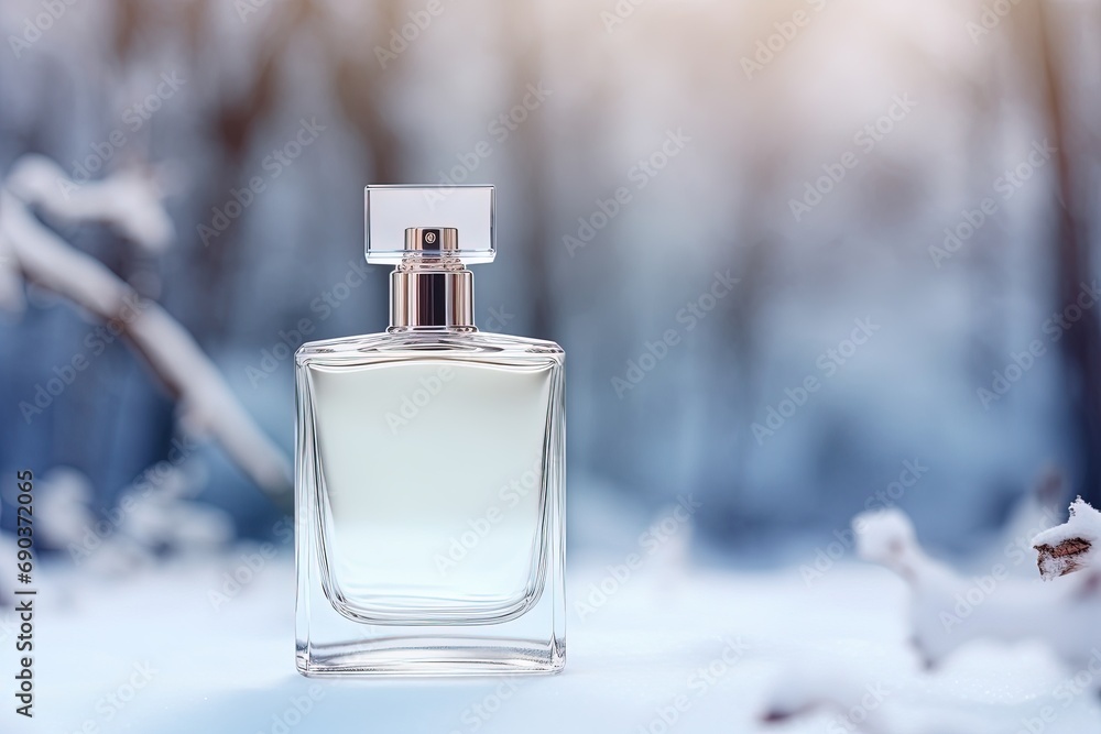 Empty perfume bottle mockup against snow and winter background. Empty perfume bottle mockup against snow and winter background.