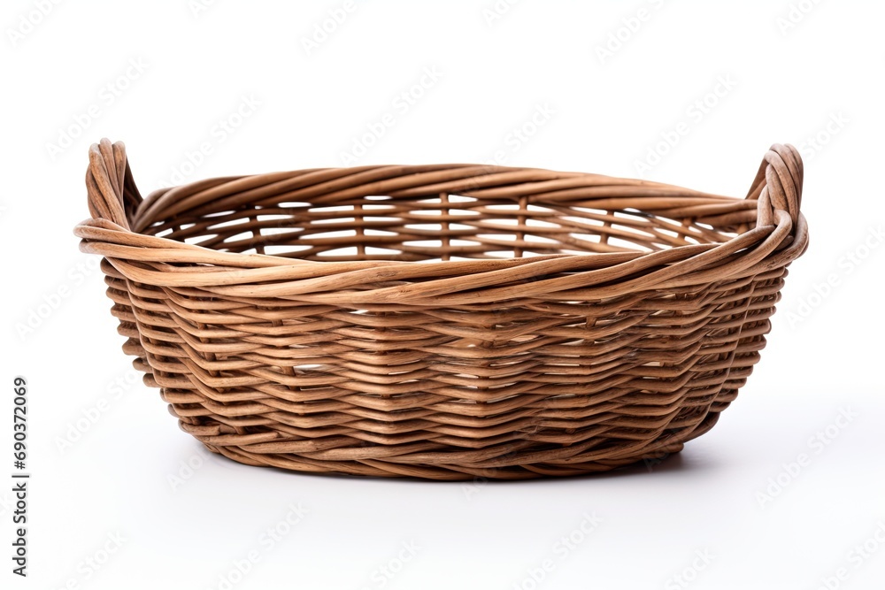 Empty wicker basket with handles, isolated on white background.