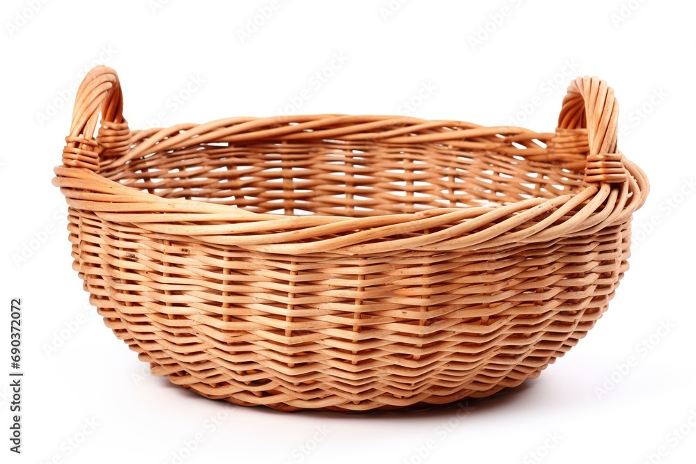 Empty wicker basket with handles, isolated on white background. Empty wicker basket with handles, isolated on white background.