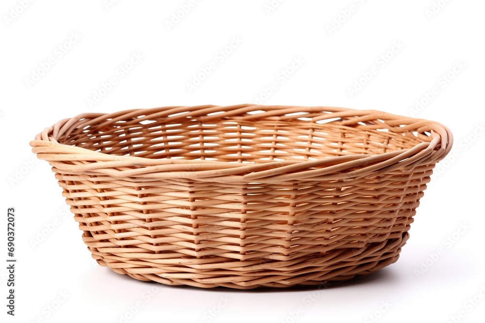 Empty wicker basket with handles, isolated on white background.