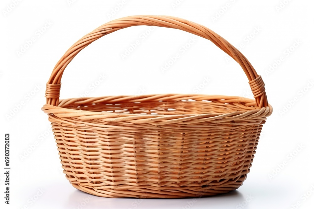 Empty wicker basket with handles, isolated on white background.
