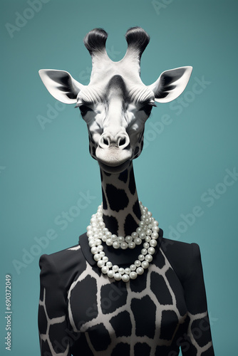 A giraffe, wearing pearl earrings and a black dress, in the style of graphic design poster art created with Generative Ai