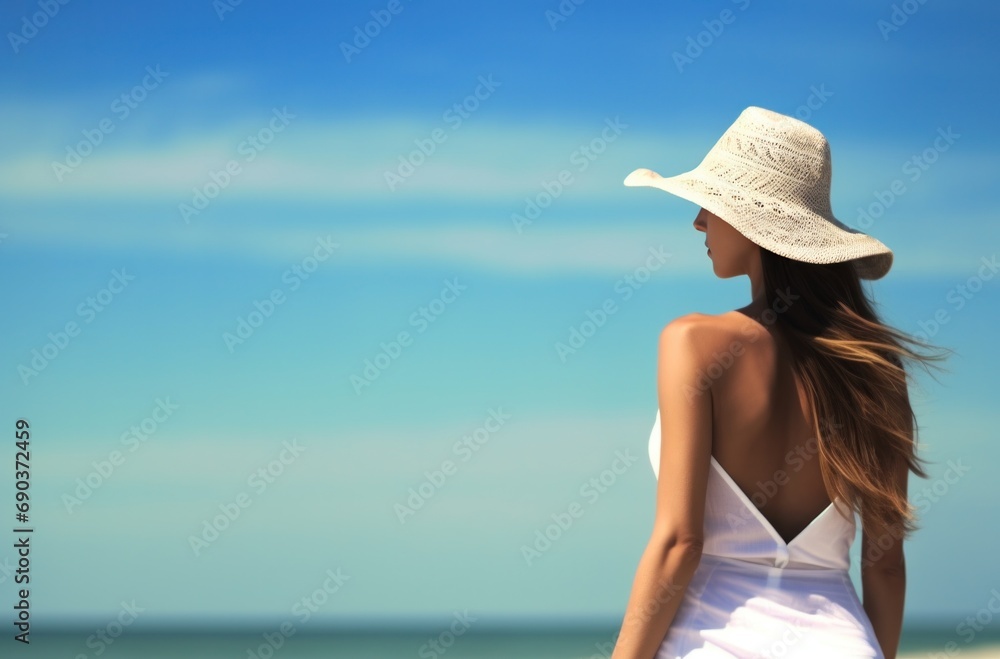 female model in hot on beach with white hat beach wear