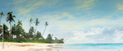 female in walking on tropical beach, with palm trees