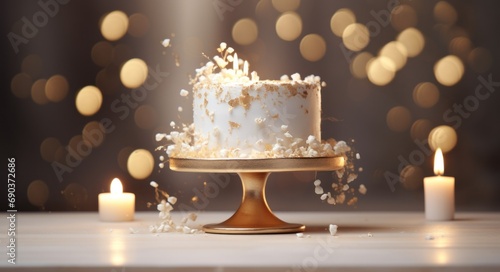 goldshaded white cake sitting on a pedestal with golden confetti