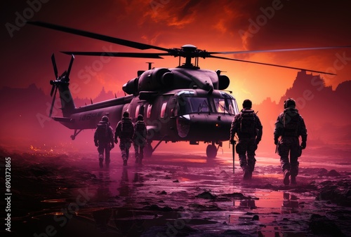 A team of soldiers treks alongside a military helicopter, its rotor spinning above, as they prepare to take to the skies in their trusty transport photo