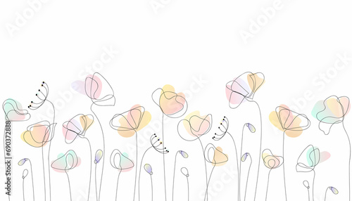 Wild flowers - watercolor illustration. A colorful drawing of flowers, in the style of minimalistic lines, transparency and lightness, flowing silhouettes, cute cartoonish designs 