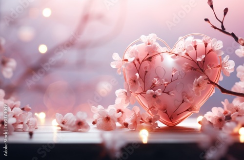 light pink heart with pink blossoms and lights around it on background