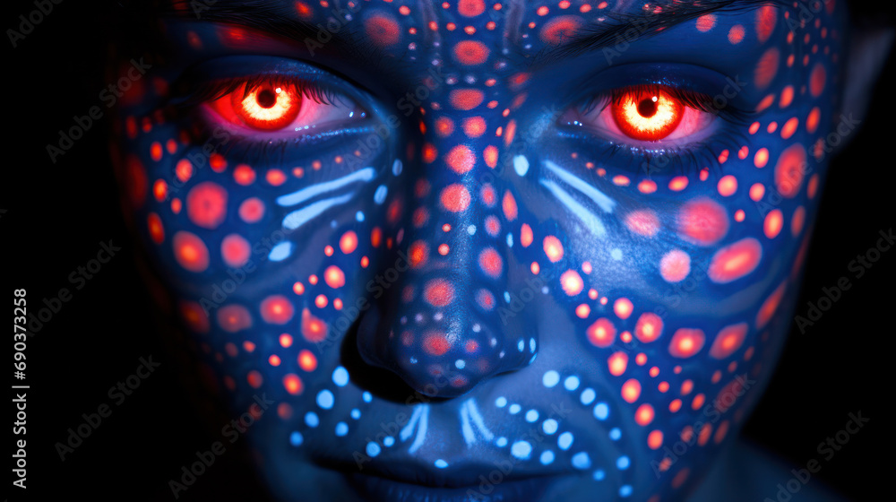 Fashion model woman in neon light, portrait of beautiful model with fluorescent make-up, Art design of female disco dancers posing in UV, colorful make up. Isolated on black background Fashion model woman in neon light, portrait of beautiful model with fluorescent make-up, Art design of female disco dancers posing in UV, colorful make up. Isolated on black background