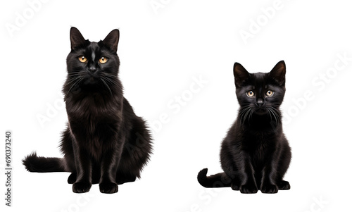 Set of Cute Black Cats: From Kitten to Adult Black Cat Sitting, Isolated on Transparent Background, PNG