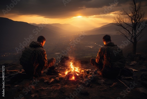As the sky turned shades of orange and pink  two men sat by the crackling fire in the midst of nature  one a rugged mountain man and the other a brave firefighter  seeking warmth and comfort from the