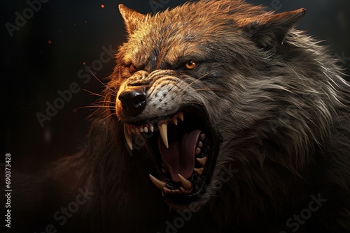 Angry growling wolf mouth close up.