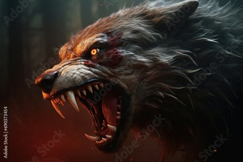 Angry growling wolf mouth close up.