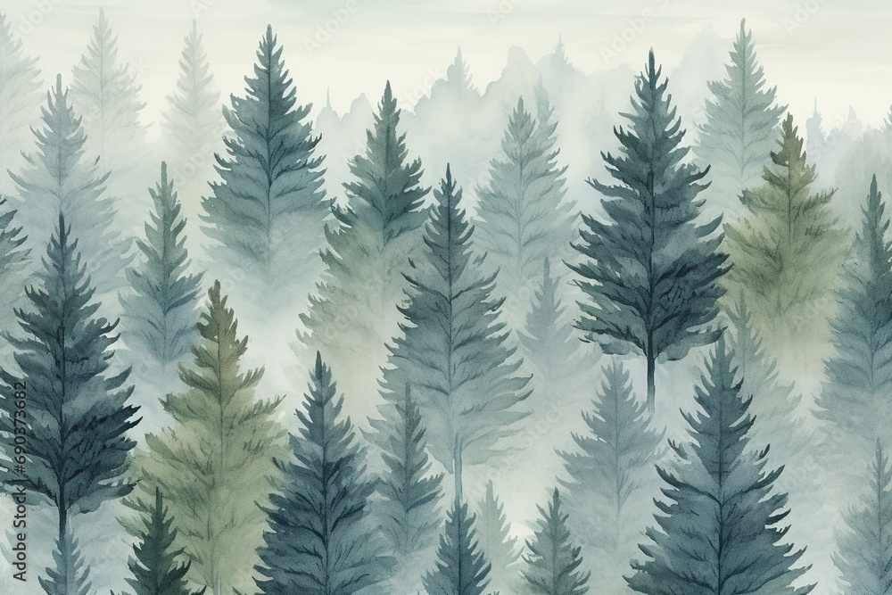 Obraz premium Watercolor misty spruces in forest.
