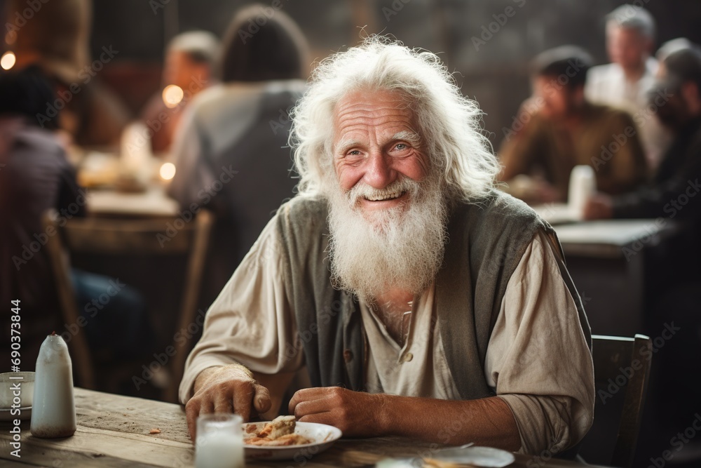 Happy homeless old man sitting at a table at a charity dinner. Happy homeless old man sitting at a table at a charity dinner.