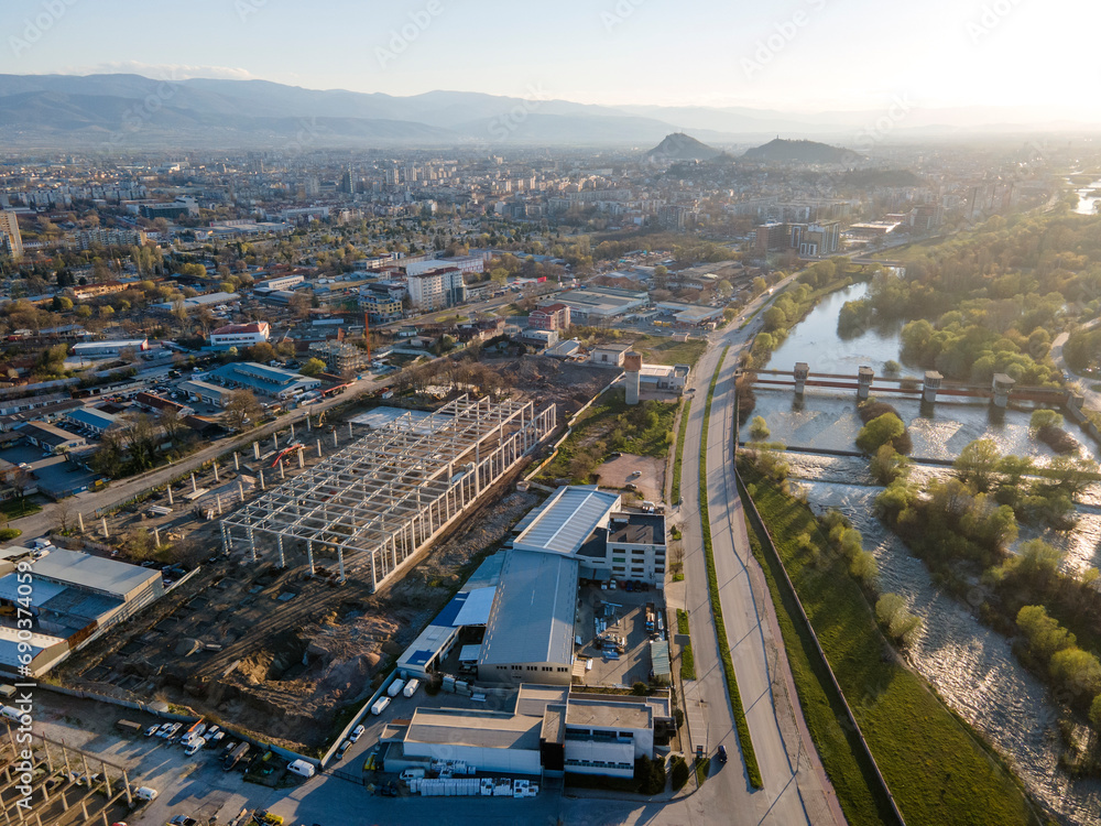 Aerial view of Maritsa river and panorama to City of Plovdiv, Bulgaria